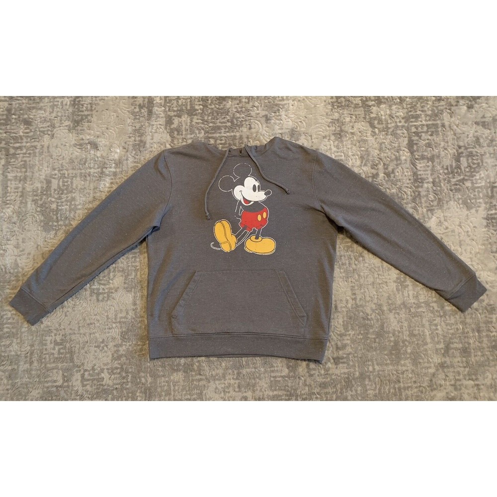 Disney Mickey Mouse Adult Large Pullover Hoodie Gray With White Speckles Pocket - Picture 2 of 4